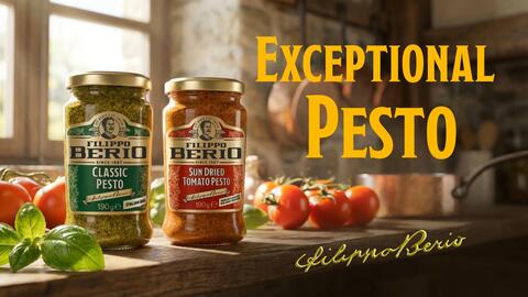 Two Jars of Filippo Berio Pesto one green (left), the other red(right), sitting on a kitchen counter with some tomatos and basil top as steam raises behind, The Yellow text on the other two thirds of the frame Reads Exceptional Pesto